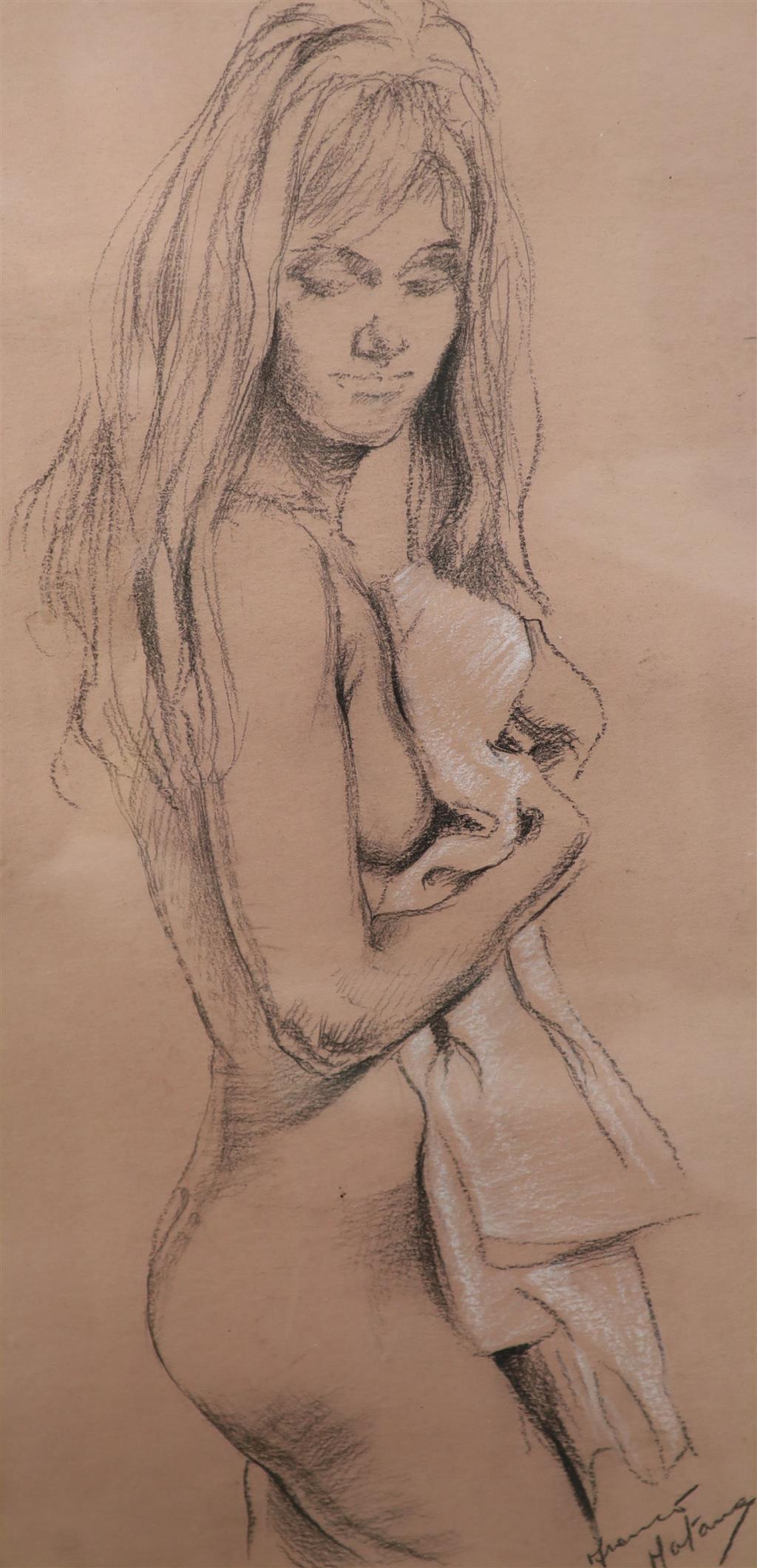 Franco Matania, charcoal and chalk, Standing female nude, signed, 47 x 23cm